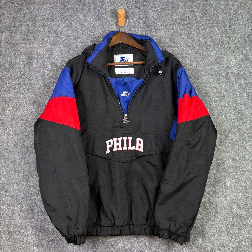 Starter Jacket Mens Medium Black Philadelphia 76ers PHILA Hooded Windbreaker 76s
